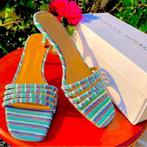 NEW REBECCA MINKOFF DECKLYNN METALLIC RAINBOW KITTEN-HEEL MULES 9M - Picture 2 of 15